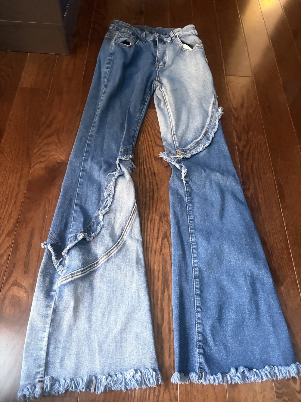 Two-Tone Blue Distressed Flare Jeans